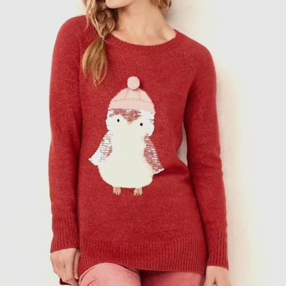 LC LAUREN CONRAD Burnt Red Sequin Penguin Holiday Sweater X-Large NEW - Picture 1 of 11